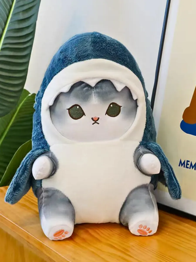 Мягкая игрушка Кошка в головном уборе акулы 30CM Серый +Синий JR-010